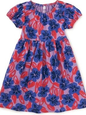 Tea Collection Puff-Sleeve Dress in Blue and Pink